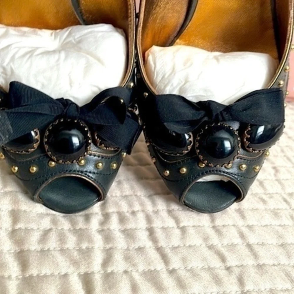 Miu Miu Leather studded peeptoe pumps cabochon & bows size 35